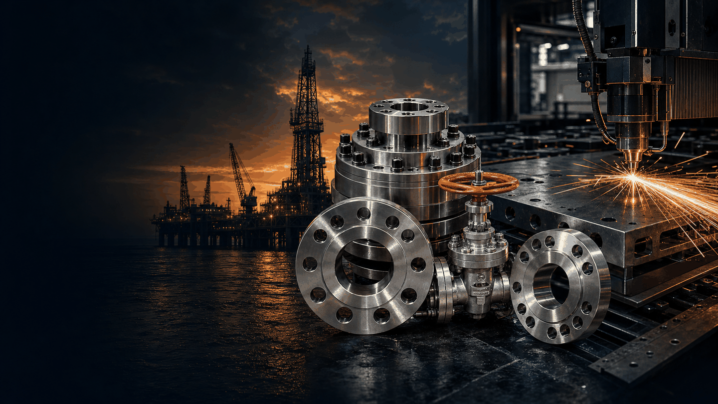 API flanges, valves and CNC laser cutting in an industrial workshop